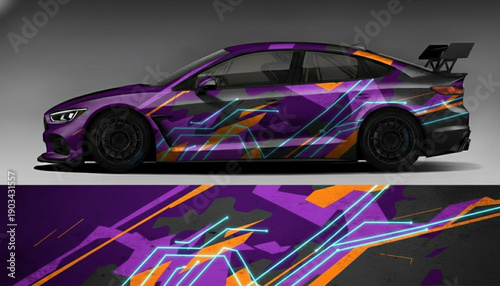Futuristic purple car wrap design with geometric and neon patterns.