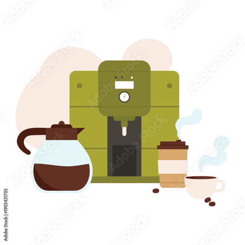Coffee machine beverage. Natural coffee production, coffee consumption cartoon vector illustration