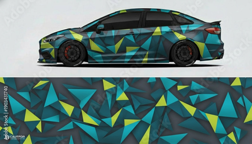 Side view of a modern sedan car with a vibrant geometric triangle pattern wrap in blue, green, and yellow colors, showcasing the full design.