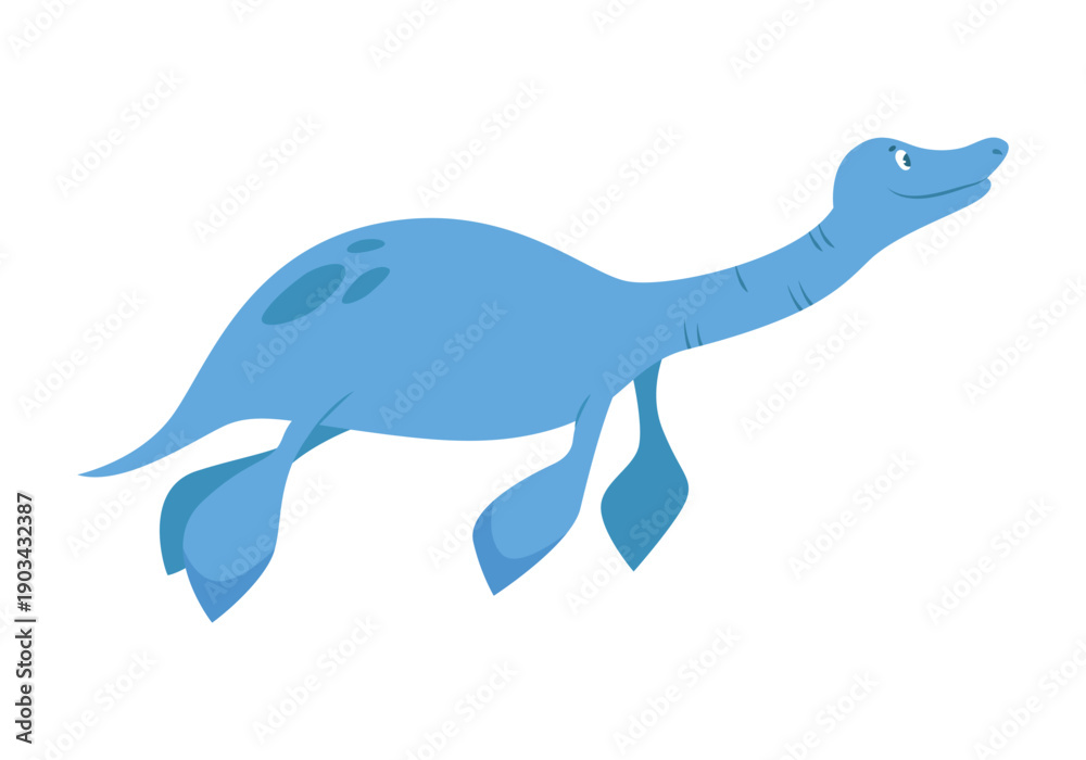 Obraz premium Cute blue water dinosaur. Prehistoric animal, jungle reptiles group, jurassic world evolution cartoon vector illustration