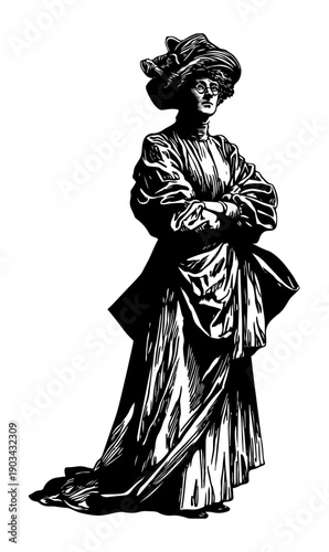 Victorian era scholar senior woman in glasses with crossed hands, full body vintage scientist lady from 1800s in laboratory uniform, black woodcut vector illustration isolated on white 