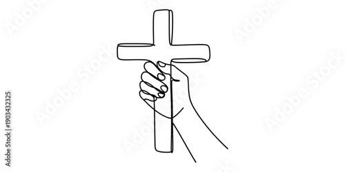 Simple continuous line art illustration of a human hand firmly holding a religious cross. Vector, illustration