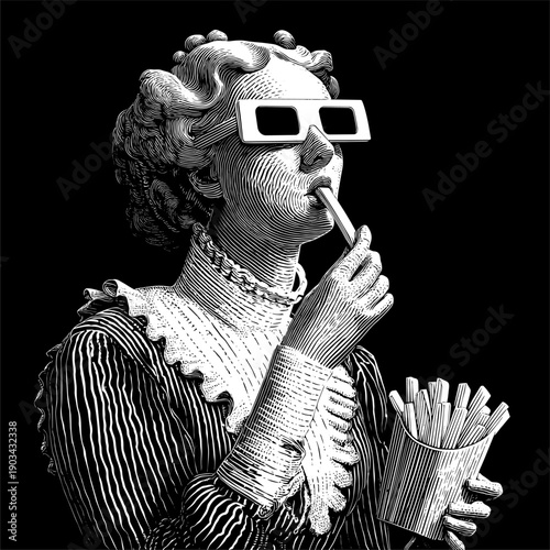 Vintage curly woman in 3D glasses watching movie and eating french fries from paper box, modern engraving art style vector illustration on cinema theme isolated on black 