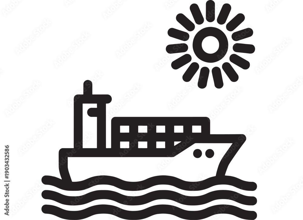 Obraz premium Ship cargo icon with container vessel sailing on waves under sun, bold black glyph pictogram for maritime transport, shipping logistics, harbor and sea travel signage