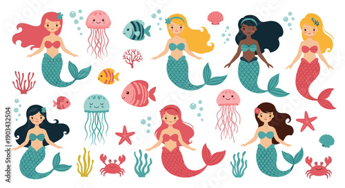 Magical underwater scene features various mermaids, colorful fish, jellyfish, and sea elements in a vibrant and whimsical illustration.
