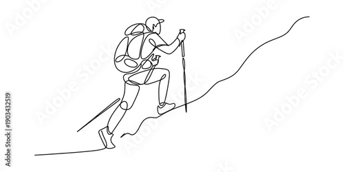 Continuous line drawing of a hiker with a backpack climbing up a steep mountain slope Vector, illustration