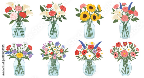 Selection of eight beautiful flower bouquets arranged in glass vases features a variety of colorful blooms and lush green foliage.