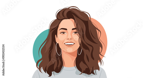 Stylish woman with voluminous wavy brown hair and large hoop earrings smiles warmly in this modern flat vector portrait illustration.