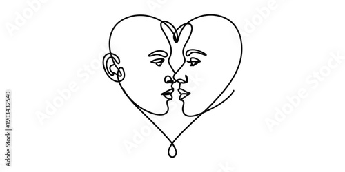 Single line drawing of two human faces facing each other to form a heart symbol of love and unity Vector, illustration