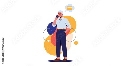 Mature man with glasses and a blue shirt talks on his mobile phone against a backdrop of colorful abstract shapes and lines.