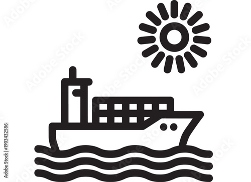 Ship cargo icon with container vessel sailing on waves under sun, bold black glyph pictogram for maritime transport, shipping logistics, harbor and sea travel signage