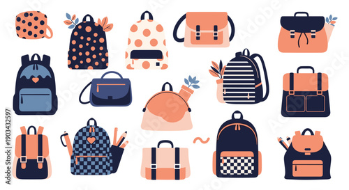 Assortment of stylish backpacks and handbags in coral and navy blue shades features modern patterns like polka dots and stripes.