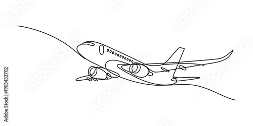 Continuous line drawing of a commercial airplane flying through the sky against a white background Vector, illustration