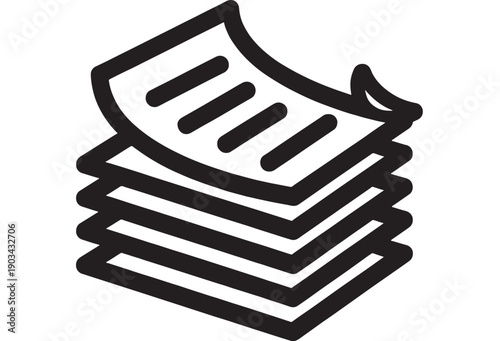 Documents stack icon with layered papers and text lines, bold outline symbol for files, reports, office paperwork, printing, archive storage and document management apps