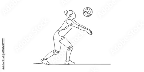 A line art illustration of a female volleyball player performing a bump pass during a game Vector, illustration
