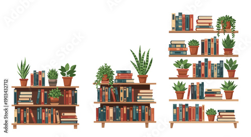 Selection of three wooden bookshelves filled with numerous books and a variety of indoor potted plants creates a cozy library atmosphere.
