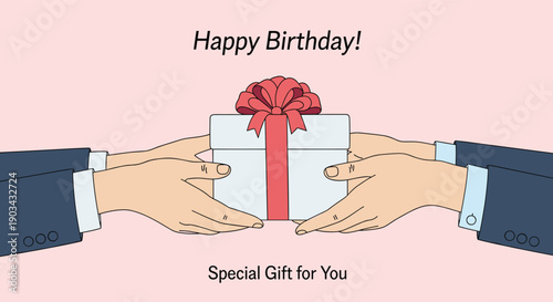 Two hands exchange a white gift box decorated with a large red bow against a soft pink background for a special birthday celebration.