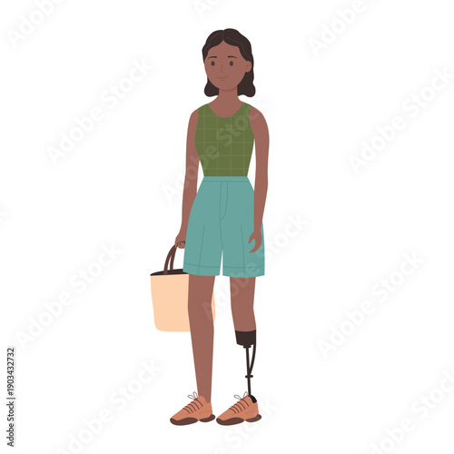 Woman with leg prosthesis. Disabled people, health rehabilitation cartoon vector illustration