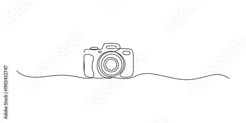 Continuous one line drawing of a professional digital camera on a wavy horizontal line. Vector, illustration