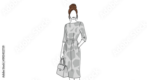 Elegant fashion illustration depicts a woman wearing a stylish patterned gray dress and holding a matching handbag with a classic bun.