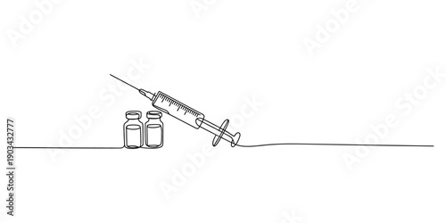 Line drawing of a medical syringe and two small glass vials on a white background. Vector, illustration