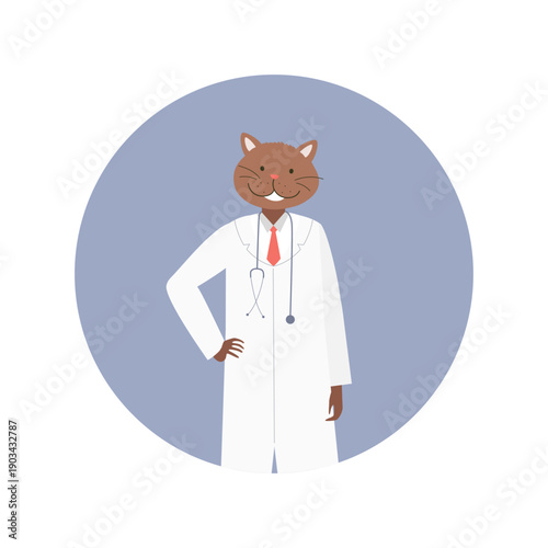 Smiling doctor cat portrait. Hospital cat worker in white coat cartoon vector illustration