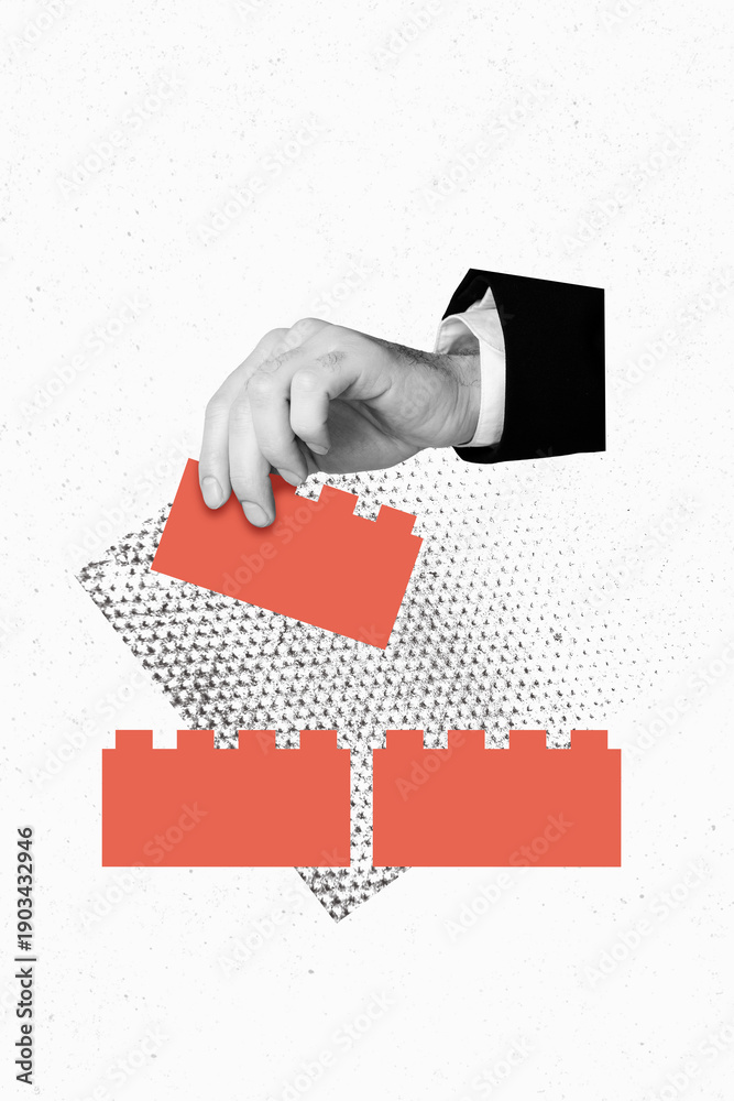 Fototapeta premium Trendy banner 3d poster image photo collage of businessman hand build tower bricks strategy development puzzle jigsaw solving