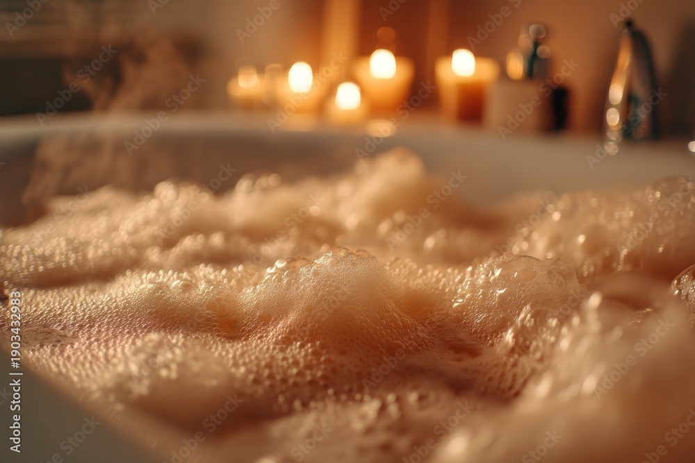 Fototapeta premium Warm Bubble Bath with Candlelight and Cozy Spa Atmosphere