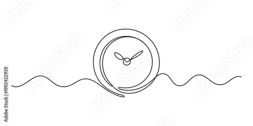 Continuous line art illustration of a clock face with hands and a wavy horizon line Vector, illustration