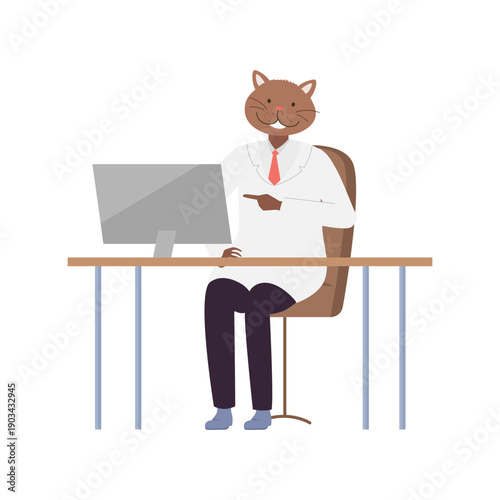 Doctor cat in office. Doctor kitten in white coat works at computer cartoon vector illustration