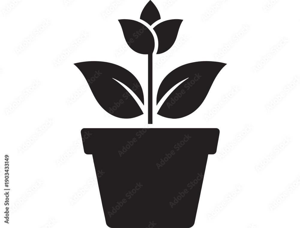 Obraz premium Plant pot icon with sprouting flower and leaves, black silhouette botanical symbol for gardening, nursery, eco logo, houseplant app UI, isolated on white background