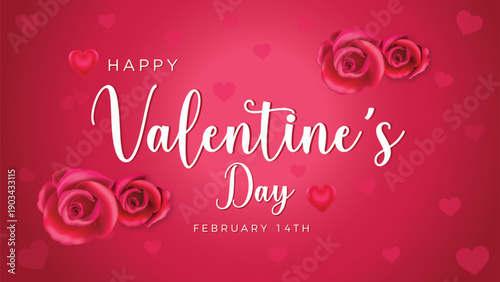 Happy Valentine’s Day Banner with Roses Red background and Hearts