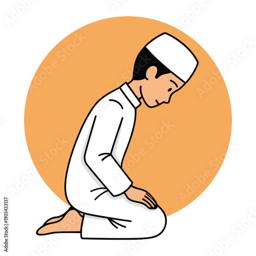 Muslim boy kneeling in prayer Tasyahud position simple vector art