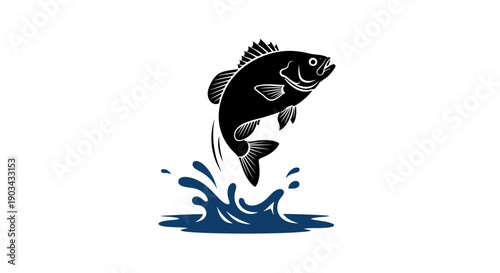 Dynamic black fish jumping out of water with splash illustration, perfect for fishing and aquatic themes.