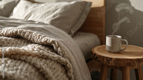 Tazza di caffè fumante su comodino in legno grezzo accanto a letto con morbida coperta in lana. Generative AI 