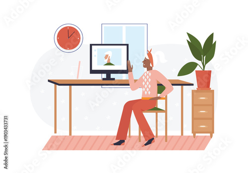 Elderly woman in video computer call. Senior woman using laptop cartoon vector illustration