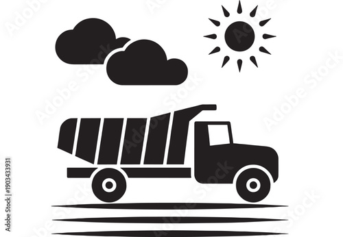 Dump truck construction icon with sunny sky and clouds, black silhouette heavy vehicle for hauling gravel or sand, simple flat pictogram isolated on white background