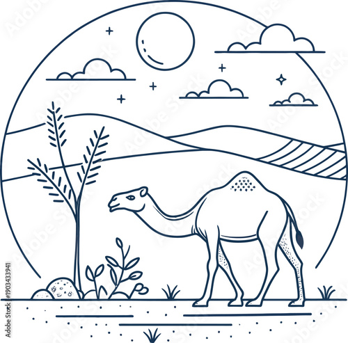 Camel standing in desert landscape isolated on transparent background