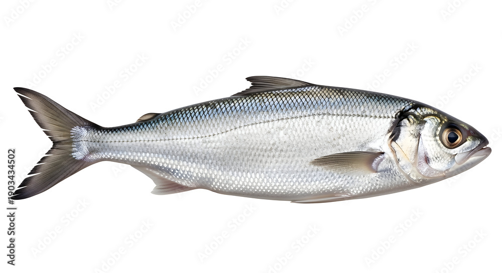 Obraz premium A single mackerel fish with a silver body and dark blue stripes on a white background