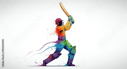 Cricket batsman action illustration in colorful paint style showing powerful batting pose on white background for world cup t20 ipl match promotion design