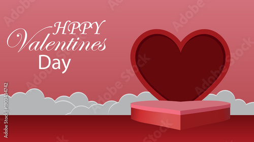 Happy Valentine's Day greeting card design featuring a romantic red heart shape vector illustration and pink paper art decoration for a holiday celebration banner