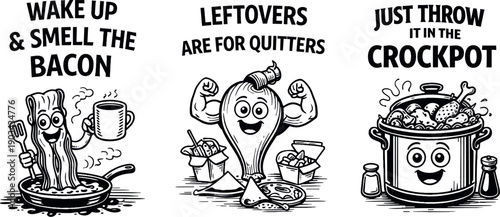 Funny kitchen poster vector set, cooking humor food quotes and comic chef illustrations on transparent background