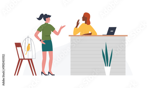 Domestic bird at the vet. Pet doctor clinic, animal checkup routine cartoon vector illustration