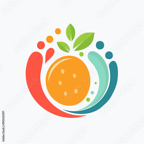 Vibrant illustration of a stylized orange with green leaves encircled by dynamic, colorful liquid splashes, symbolizing natural freshness and healthy drinks