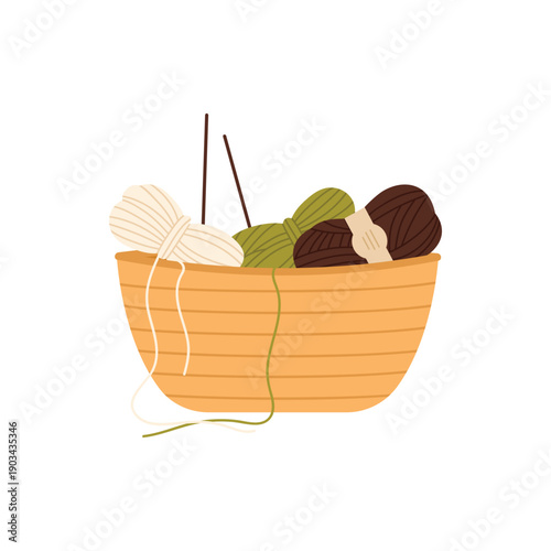 Basket yarn for knitting. Wool basket, handmade hobby, handicraft instruments cartoon vector illustration