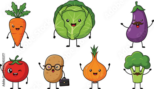 Cute vegetable characters illustration set featuring carrot, cabbage, eggplant, tomato, potato, onion, and broccoli in flat vector style