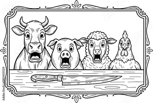 Vintage kitchen poster vector illustration, farm animals and chef knife humor cooking artwork on transparent background