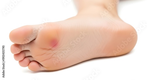 A close-up view of a foot with a callus and corns on the sole against a clean white background.