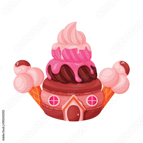 Ice cream candy home. Gingerbread house, pastry product, creative dessert cartoon vector illustration