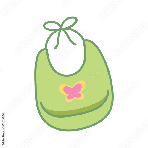 Green baby bib with pink butterfly and yellow trim